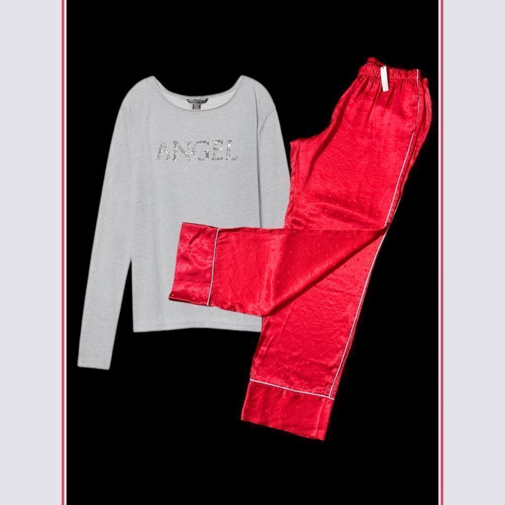 Victorias Secret Silky Satin thick pants & soft bling Angel top pajama set red L